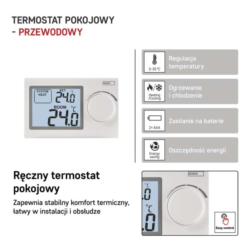 Ręczny termostat pokojowy, przewodowy, P5604