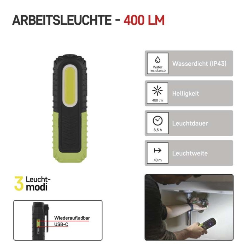 LED + COB LED aufladbare Arbeitsleuchte P4531, 400 lm, 2000 mAh