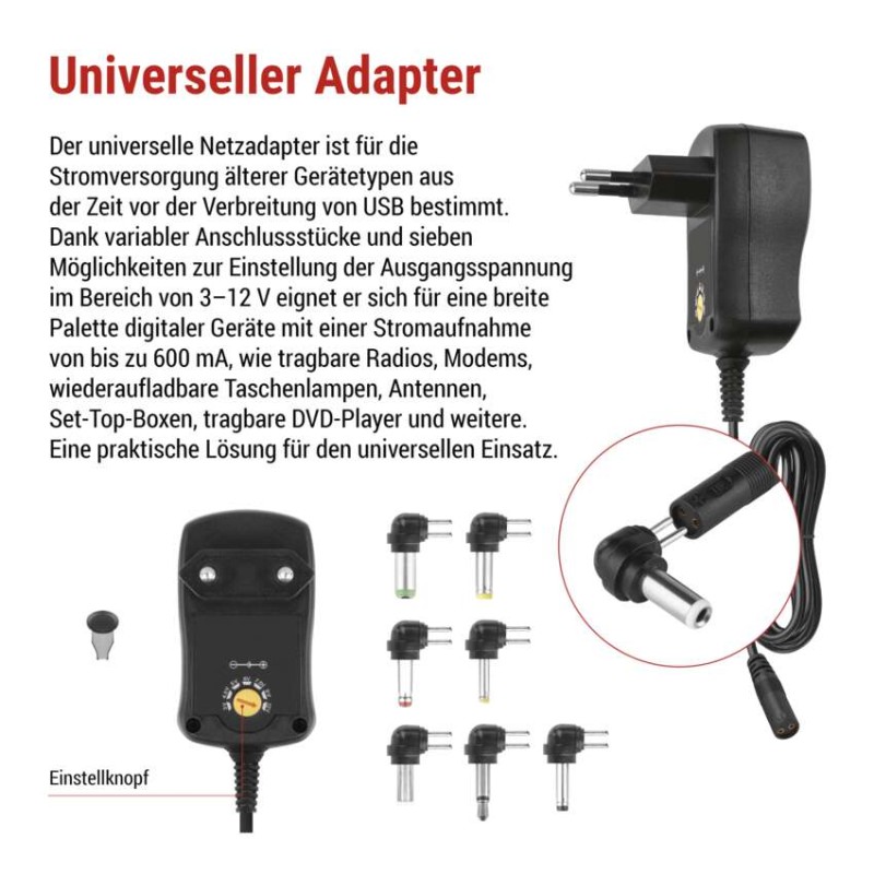 Netzteil 600 mA, universal, schaltend + Adapterstecker