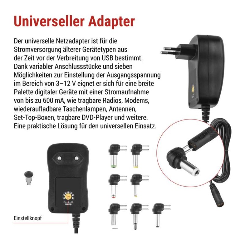 USB Netzteil 1000 mA, universal, schaltend + Adapterstecker