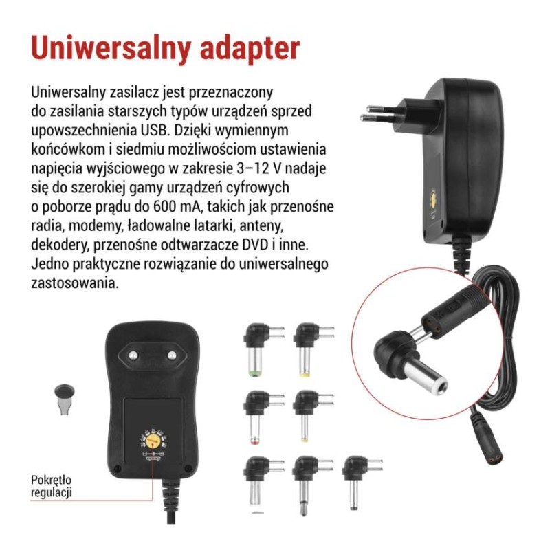 Zasilacz impulsowy 1000mA z wymiennymi końcówkami, USB