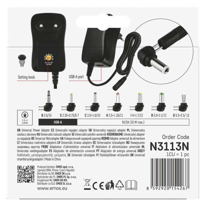 Zasilacz impulsowy 2250mA z wymiennymi końcówkami, USB