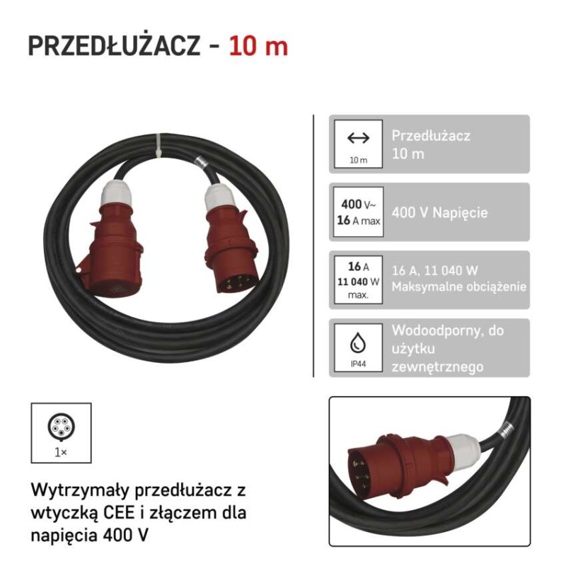 Przedłużacz 3-fazowy ogrodowy 10 m / 1 gniazdo / czarny / guma / 400 V / 2,5 mm2