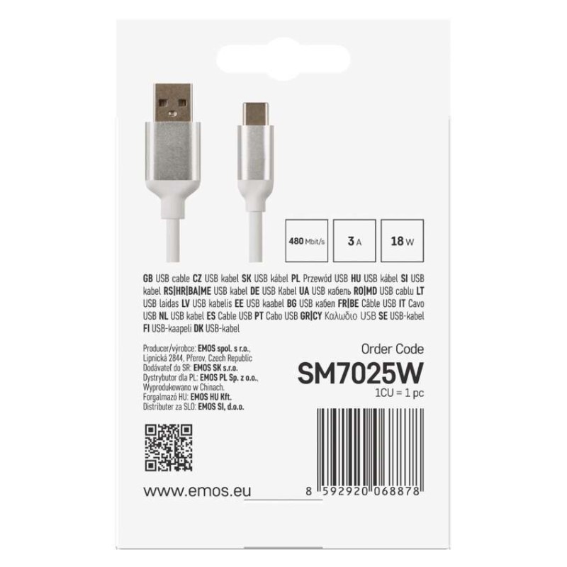 Nabíjecí a datový kabel USB-A 2.0 / USB-C 2.0, 1 m, bílý