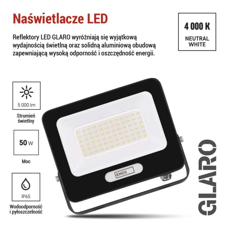 Naświetlacz LED GLARO 50W, czarny, IP65, 5000 lm, neutralna biel