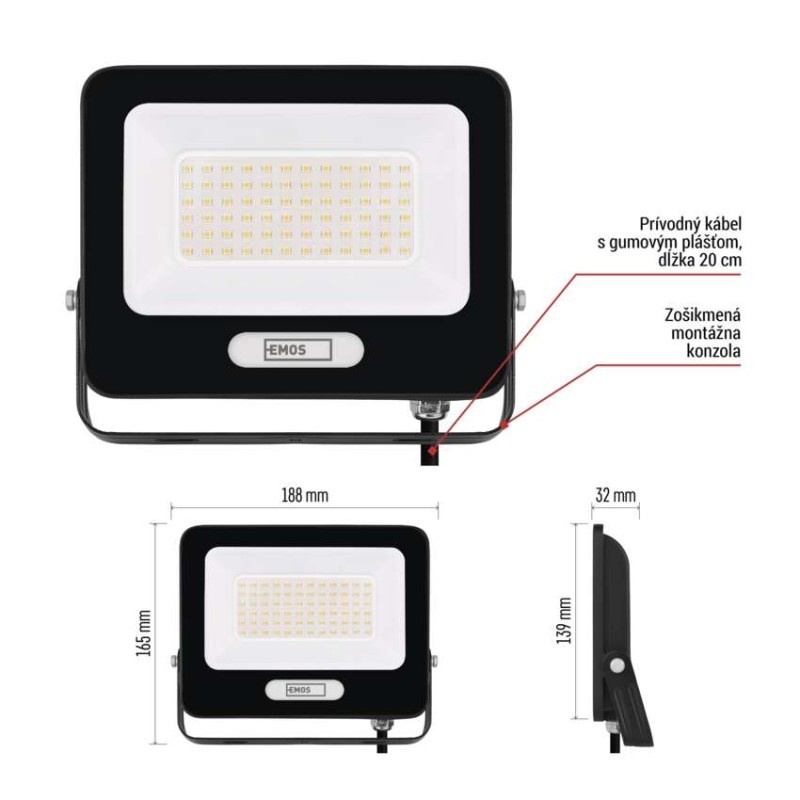 LED reflektor GLARO 50W, čierny, IP65, 5000 lm, neutrálna biela