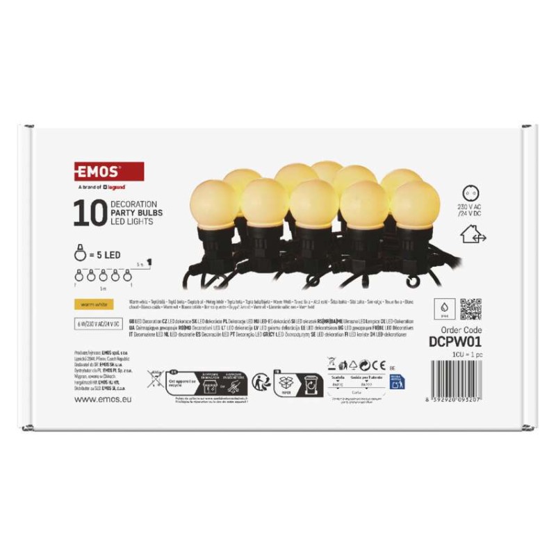 Łańcuch Party 10x 5 LED, mleczne, 5m, ciepła biel, IP44