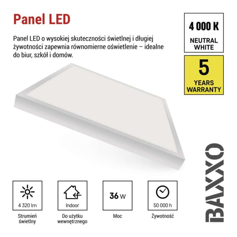 Panel LED natynkowy przysadzony  BAXXO 60×60 36W IP20 neutralna biel
