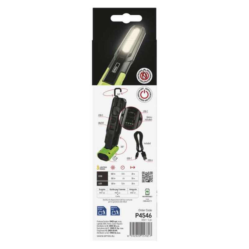 COB LED+LED nabíjecí svítilna P4546, 500 lm, 2000 mAh