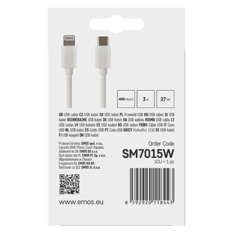 Kabel USB 2.0, wtyk C - Lightning MFi, i16P, ładowanie, transmisja danych, 1 m, biały
