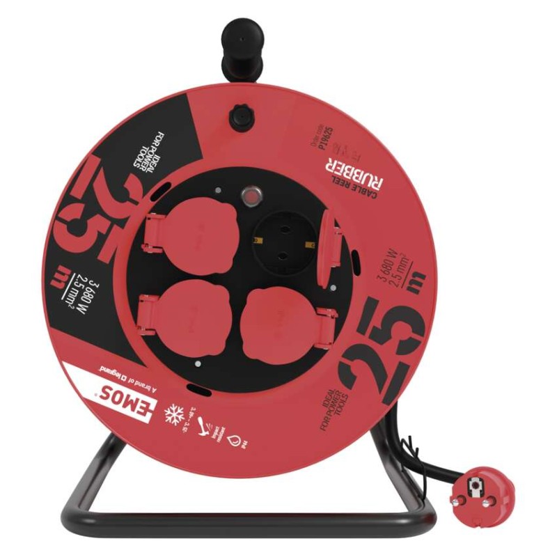 Kültéri kábeldob 25 m / 4 aljzat / fekete / gumi / 230 V / 2,5 mm2