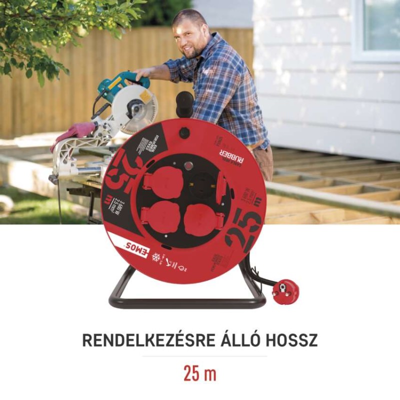 Kültéri kábeldob 25 m / 4 aljzat / fekete / gumi / 230 V / 2,5 mm2