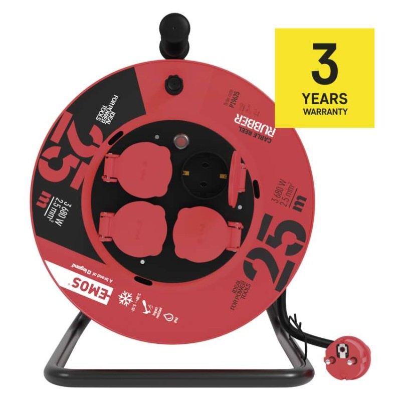 Kültéri kábeldob 25 m / 4 aljzat / fekete / gumi / 230 V / 2,5 mm2