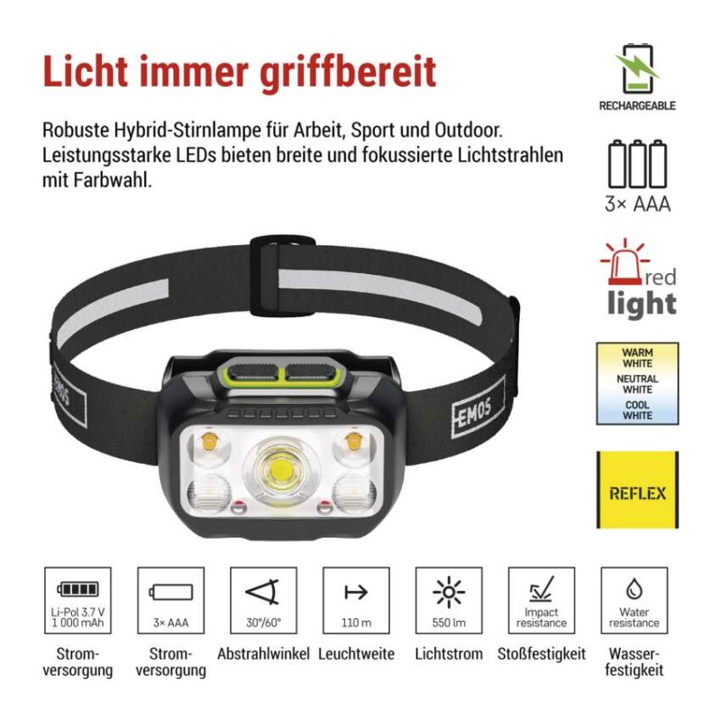 LED aufladbare Stirnlampe P3546, 550 lm, Li-Pol 1000 mAh / 3× AAA