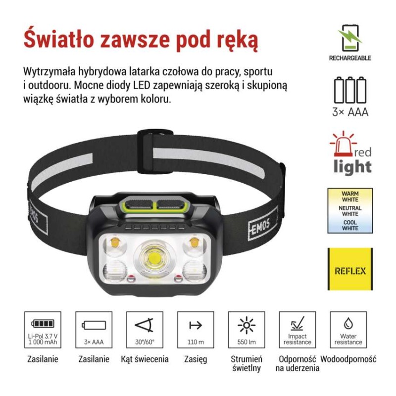 Latarka czołowa LED, 550 lm, Li-Pol 1000 mAh ładowalna / 3× AAA