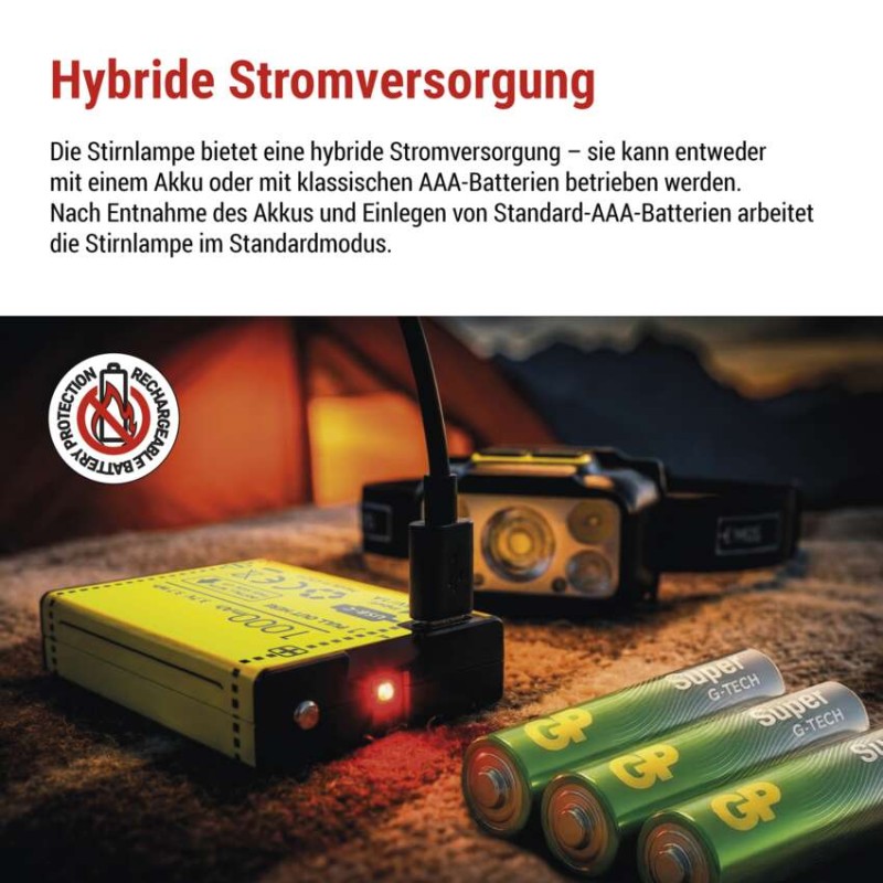 LED aufladbare Stirnlampe P3546, 550 lm, Li-Pol 1000 mAh / 3× AAA