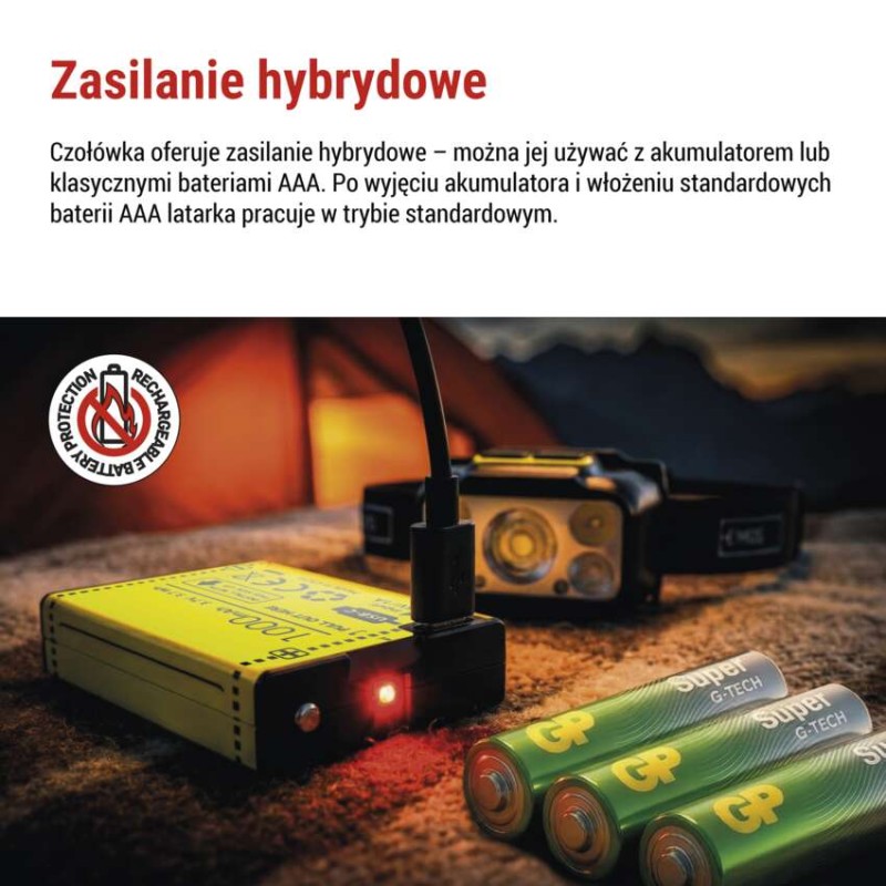 Latarka czołowa LED, 550 lm, Li-Pol 1000 mAh ładowalna / 3× AAA