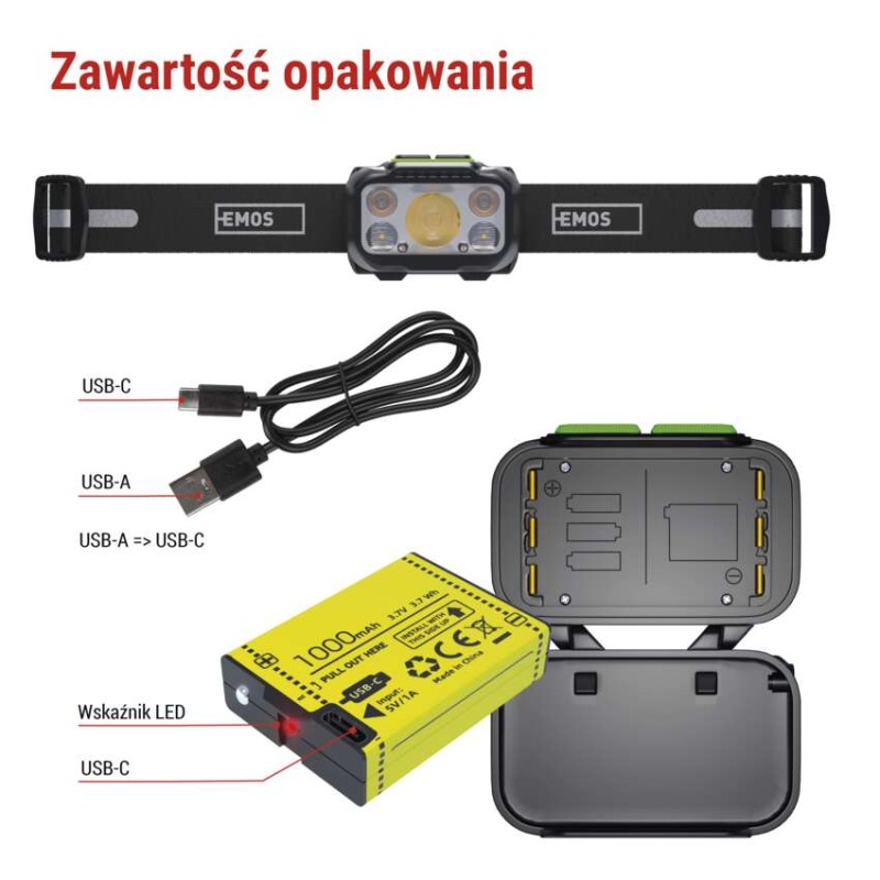 Latarka czołowa LED, 550 lm, Li-Pol 1000 mAh ładowalna / 3× AAA
