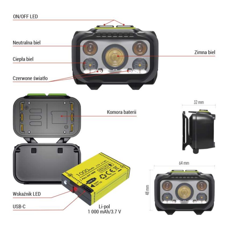 Latarka czołowa LED, 550 lm, Li-Pol 1000 mAh ładowalna / 3× AAA