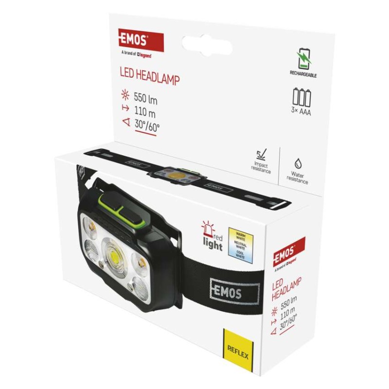 EMOS LED Fejlámpa tölthető P3546, 550 lm, 110 m, Li-Pol 1000 mAh / 3× AAA