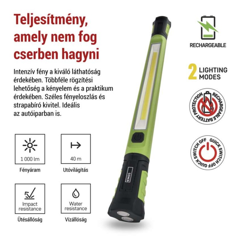 COB LED újratölthető zseblámpa P4545, 1000 lm, 2600 mAh