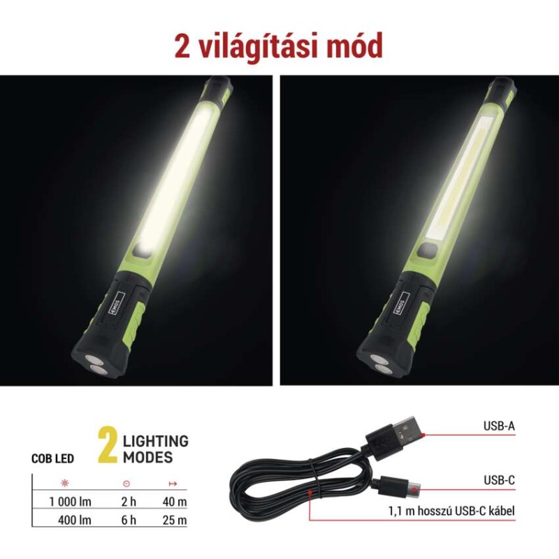 COB LED újratölthető zseblámpa P4545, 1000 lm, 2600 mAh