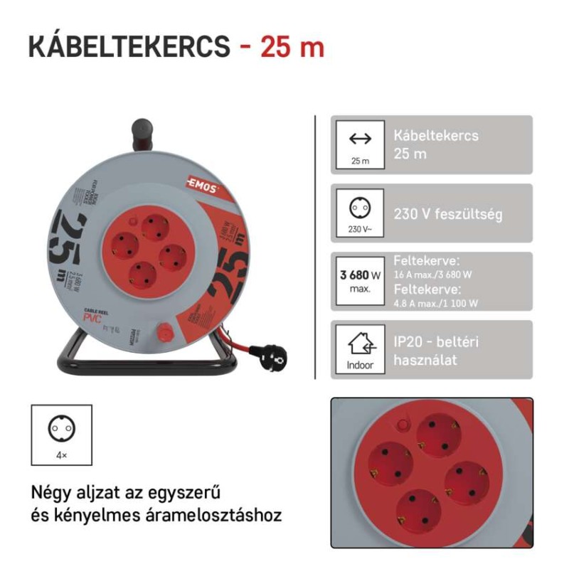 Kábeldob 25 m / 4 aljzat / fekete / PVC / 230 V / 2,5 mm2