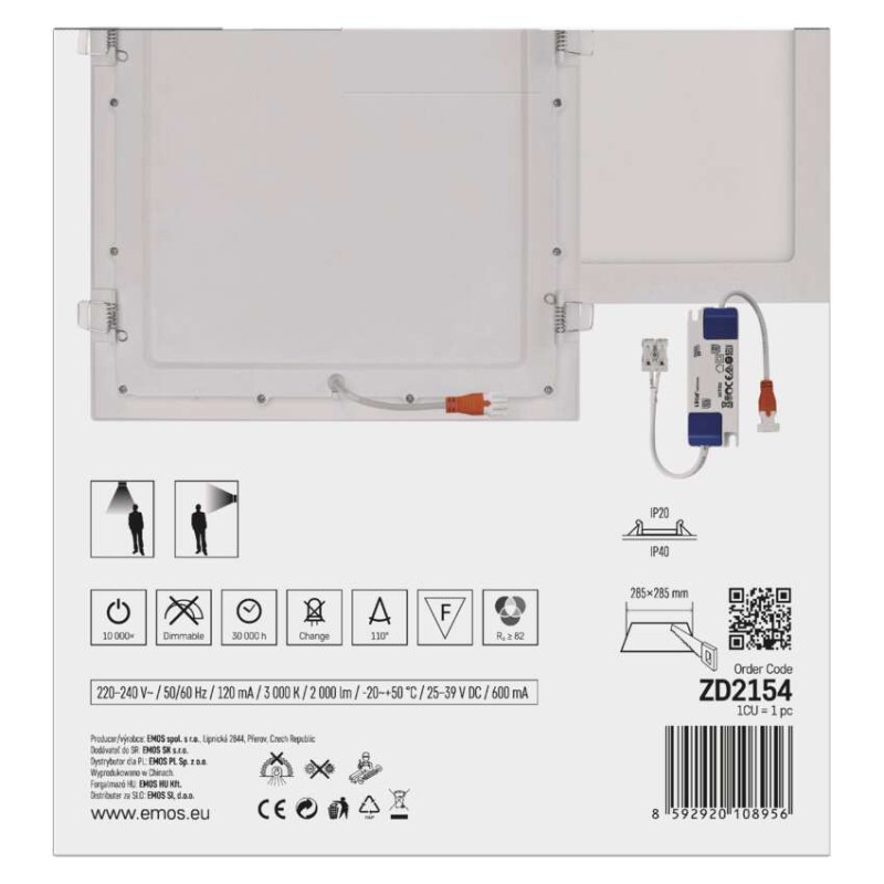 LED süllyesztett lámpatest NEXXO, négyzet, fehér, 24W, meleg fehér