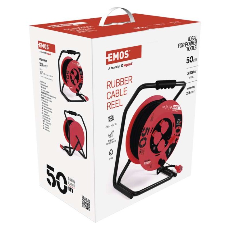 Kültéri kábeldob 50 m / 4 aljzat / fekete / gumi / 230 V / 2,5 mm2