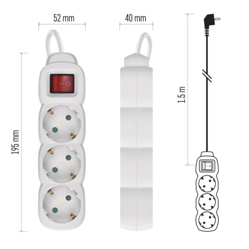 Ilgintuvas 1,5 m / 3 lizdai / su jungikliu / baltas / PVC / 1,5 mm2 