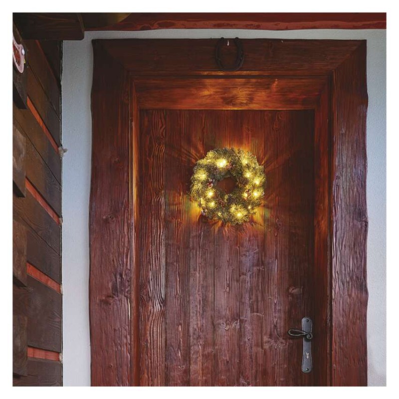 LED vánoční věnec zasněžený, 38 cm, 2x AA, vnitřní, teplá bílá, časovač