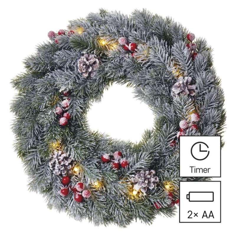 LED vánoční věnec zasněžený, 38 cm, 2x AA, vnitřní, teplá bílá, časovač