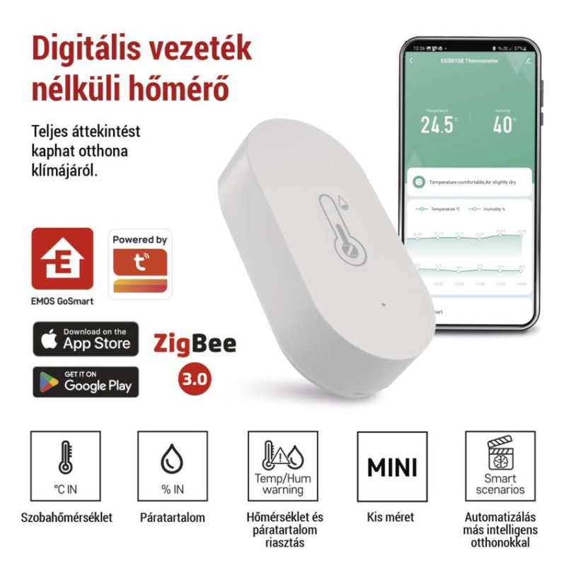 GoSmart digitális vezeték nélküli hőmérő, páratartalom-mérővel, ZigBee EGS0102