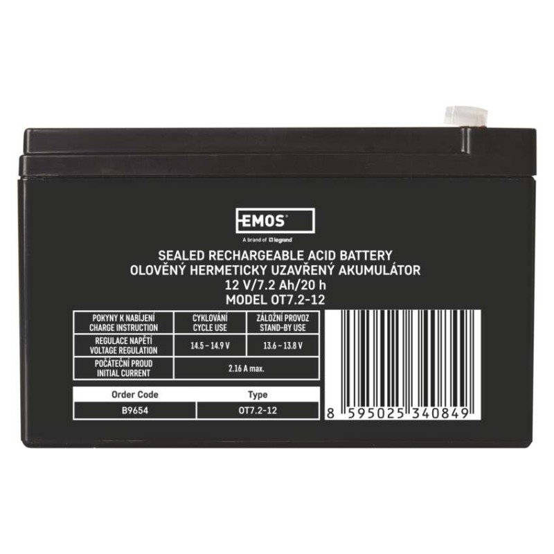 SLA (hermētisks svina un skābes elementu) akumulators, 12 V/7,2 Ah, Faston, 4,7 mm