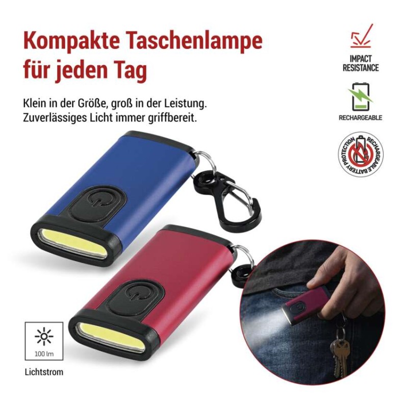 Wiederaufladbare Mini-LED-Taschenlampe - Schlüsselanhänger, 100 lm, 12 Stück, Display-Box