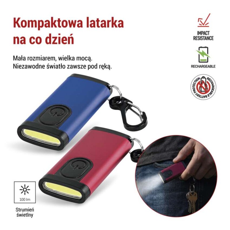 Mini latarka LED - brelok, 100 lm, ładowalna, 12 szt., display box