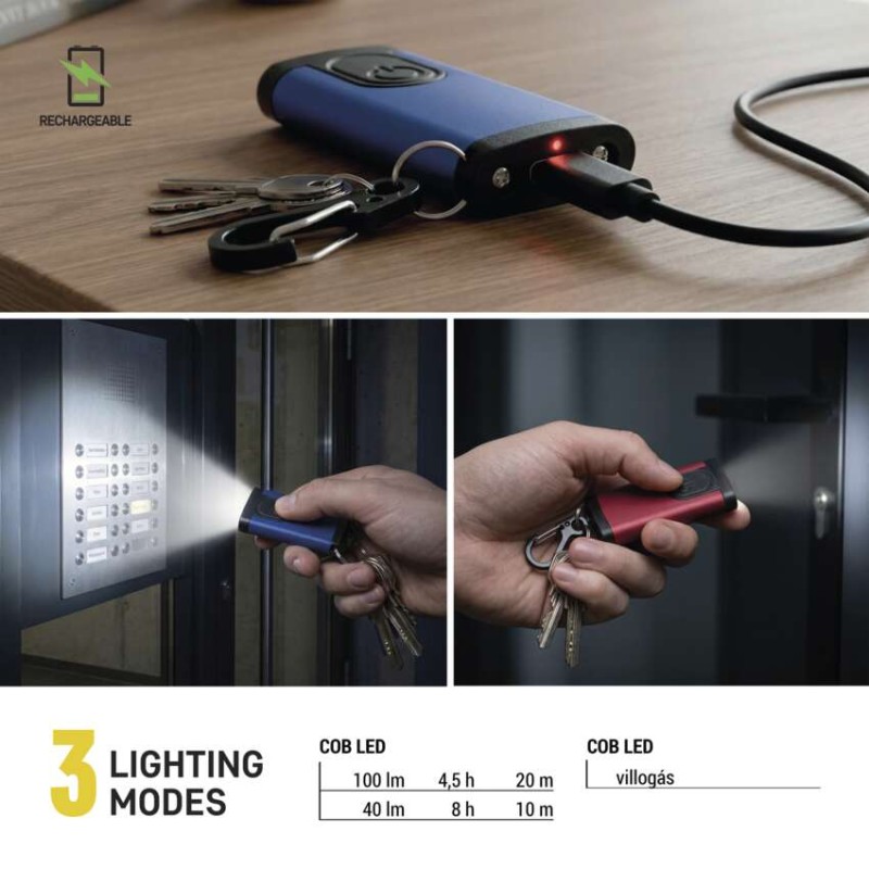 Újratölthető mini LED-es zseblámpa - kulcstartó, 100 lm, kínáló dobozban