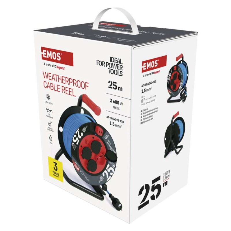 Przedłużacz zwijany mrozoodporny 25 m / 4 gniazda / niebieski / PVC / 230 V / 1,5 mm2