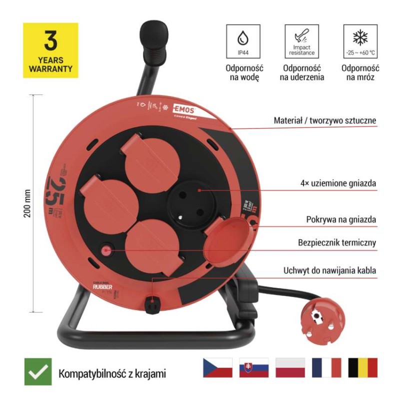 Przedłużacz zwijany ogrodowy 25 m / 4 gniazda / guma / 230 V / 1,0 mm2 / IP44