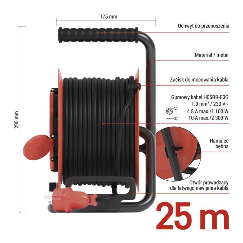 Przedłużacz zwijany ogrodowy 25 m / 4 gniazda / guma / 230 V / 1,0 mm2 / IP44