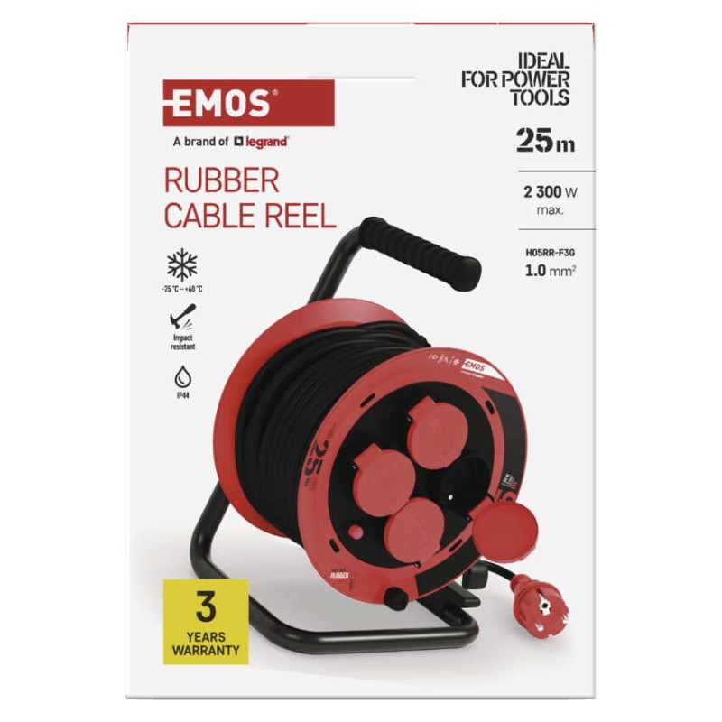 Przedłużacz zwijany ogrodowy 25 m / 4 gniazda / guma / 230 V / 1,0 mm2 / IP44