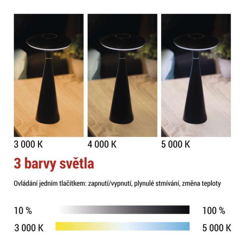 LED stolní lampa JASON, nabíjecí, černá