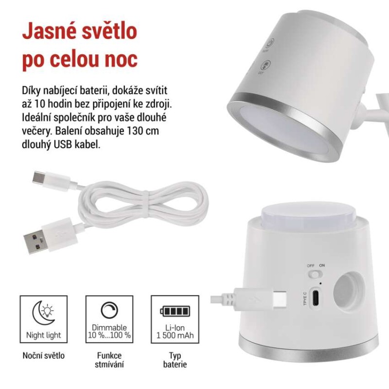 LED stolní lampa ABBIE, nabíjecí, bílá