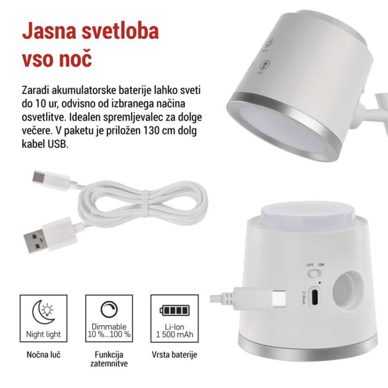 Namizna LED svetilka ABBIE, polnilna, bela