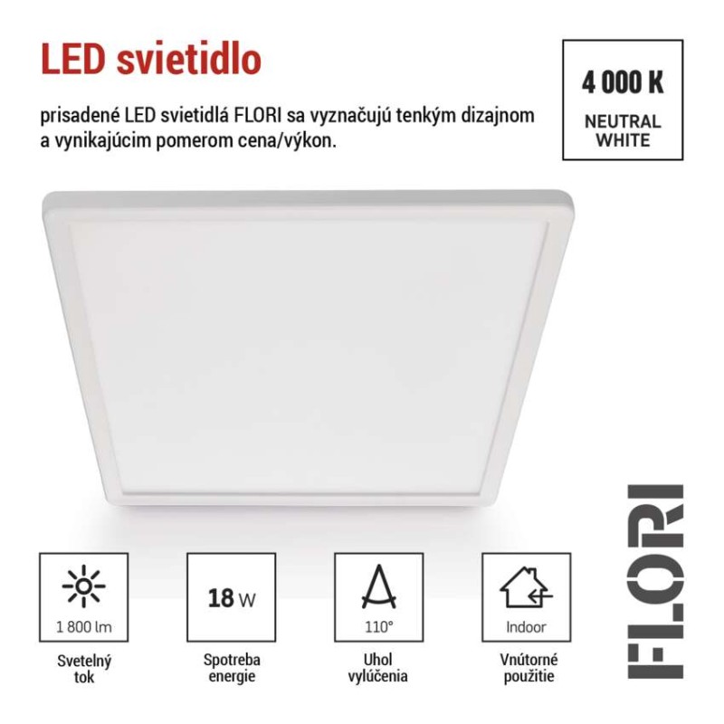 LED prisadené svietidlo FLORI štvorcový, biele, 18W, neutrálna biela