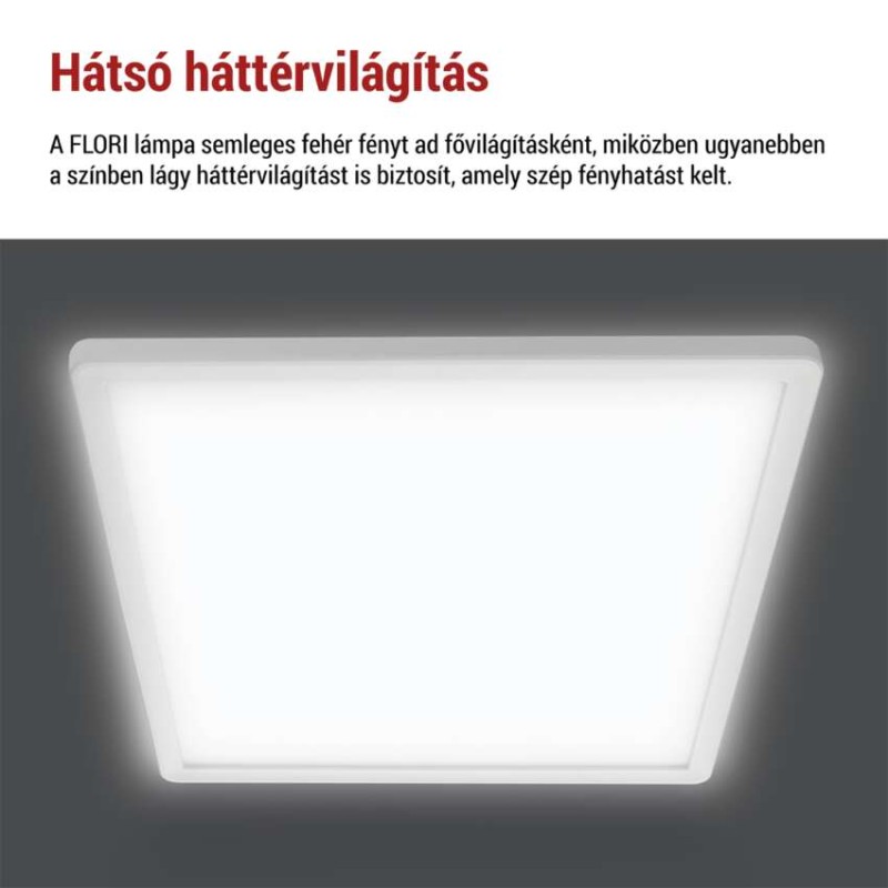 LED felületi lámpatest FLORI négyzet, fehér, 18W, semleges fehér