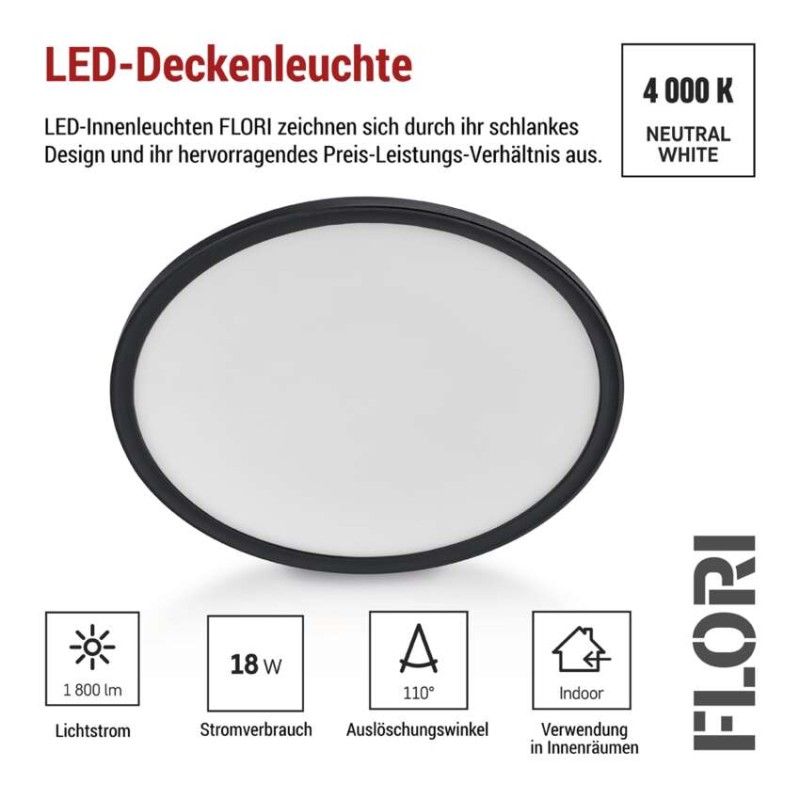 LED-Anbauleuchte FLORI rund, schwarz, 18W, neutralweiß