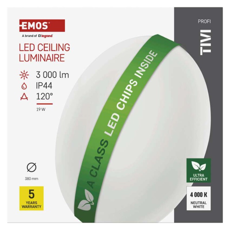 LED mennyezeti lámpatest TIVI, A CLASS, kerek, fehér 19W, IP44, Természetes fehér