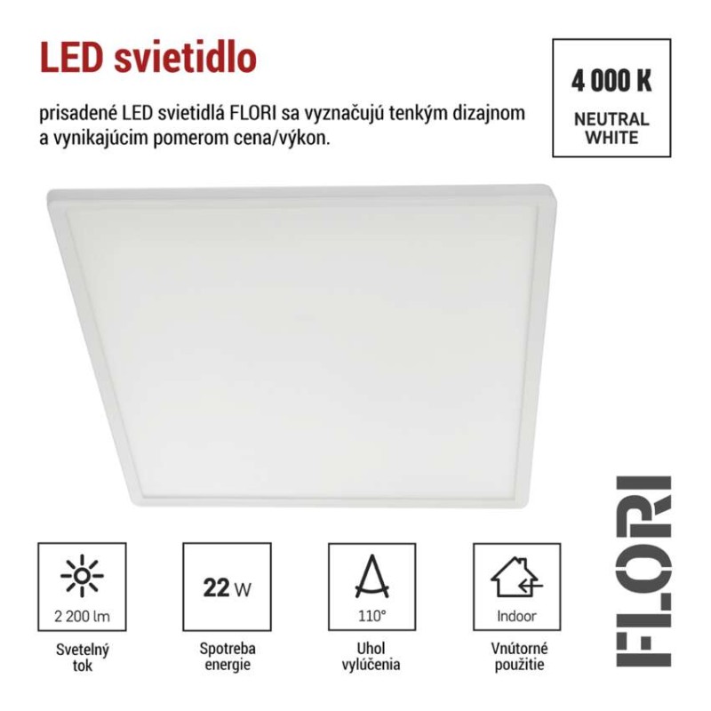 LED prisadené svietidlo FLORI štvorcový, biele, 22W, neutrálna biela
