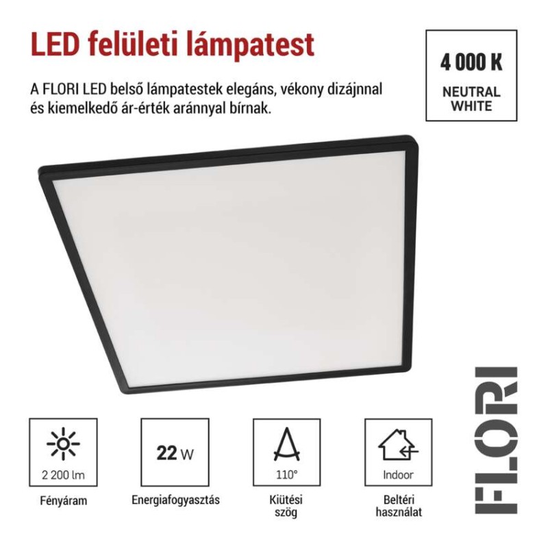 LED felületi lámpatest FLORI négyzet, fehér, 22W, semleges fehér
